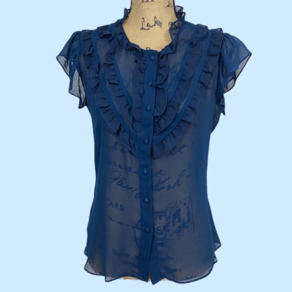 Banana republic sheer sleeveless ruffle blouse SMALL navy blue